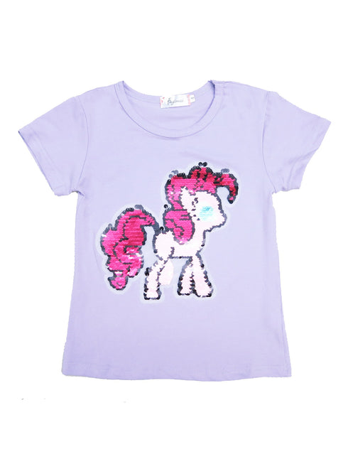 Little Girls Lavender Flip Sequins Little Pony Crewneck T-Shirt 18M-2T - SophiasStyle.com